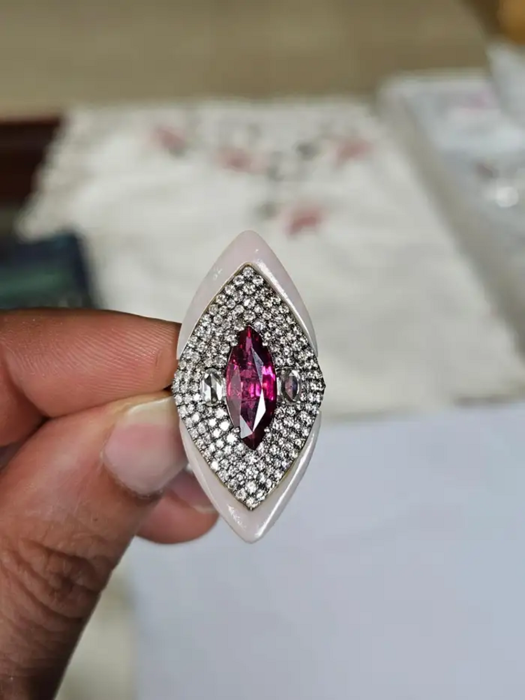 18k White Gold Diamond Handmade Ring - Natural Rubellite & Pink Opal Statement Ring