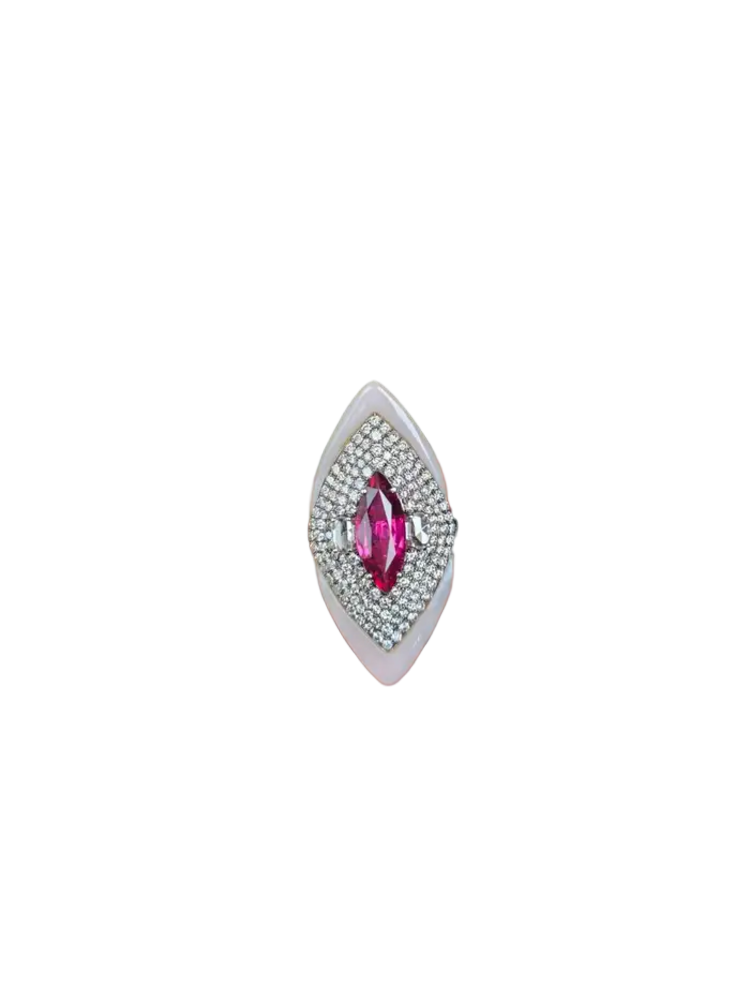 18k White Gold Diamond Handmade Ring - Natural Rubellite & Pink Opal Statement Ring