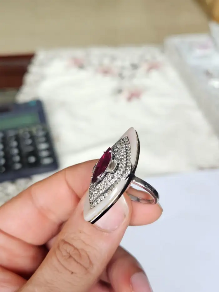 18k White Gold Diamond Handmade Ring - Natural Rubellite & Pink Opal Statement Ring