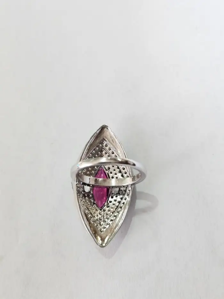 18k White Gold Diamond Handmade Ring - Natural Rubellite & Pink Opal Statement Ring
