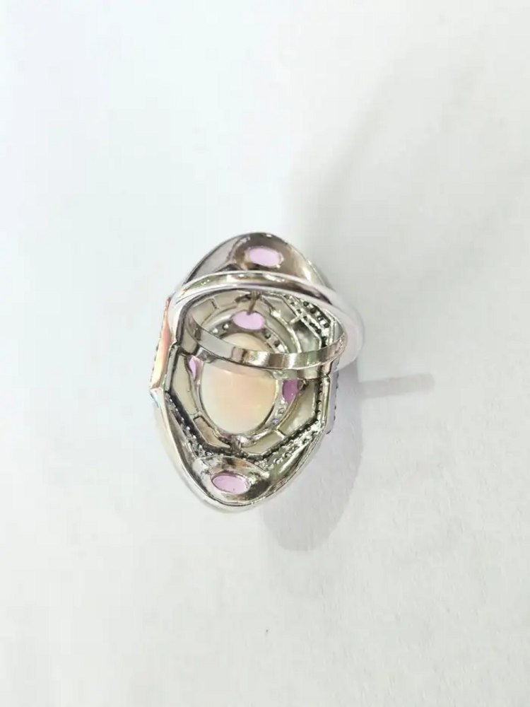 Ethiopian Opal, Mother Of Pearl & Pink Sapphire Cocktail Ring - 18k White Gold Diamond Statement Ring