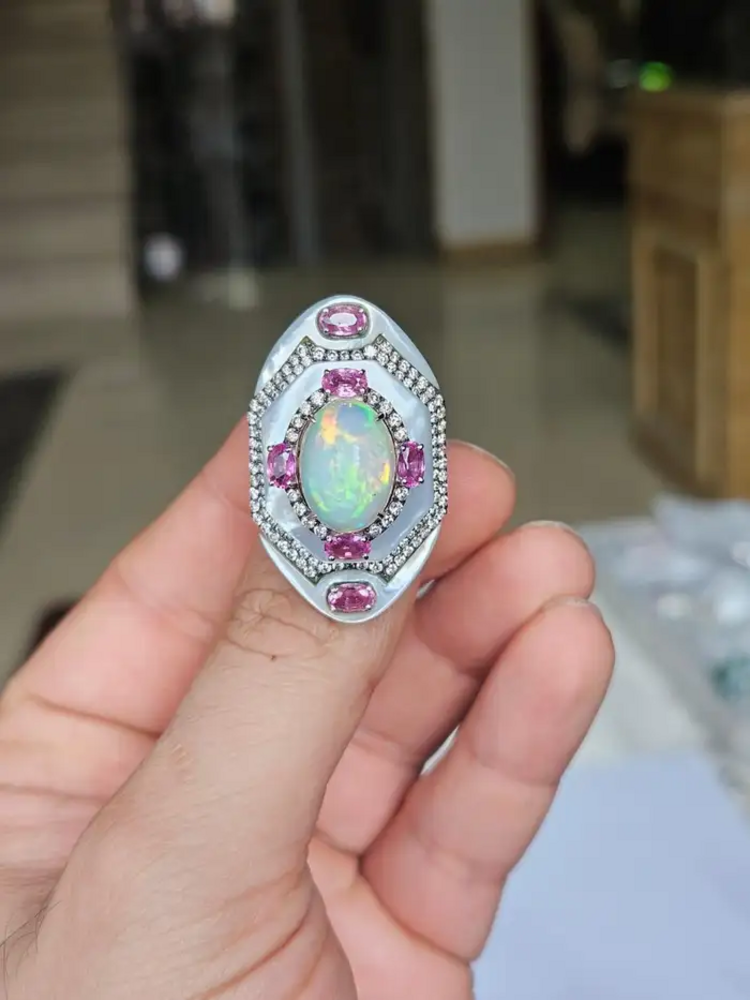 Ethiopian Opal, Mother Of Pearl & Pink Sapphire Cocktail Ring - 18k White Gold Diamond Statement Ring