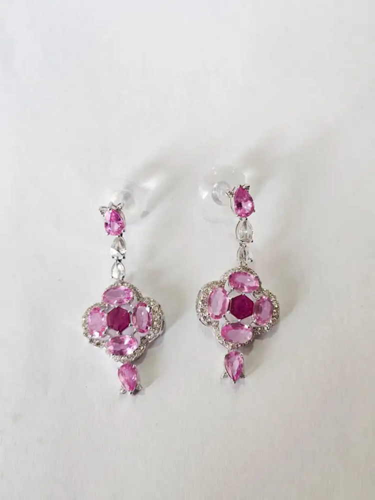 Ceylon Pink Sapphire & Ruby Gemstone Earrings - 18k White Gold & Rose Cut Diamond Dangle Earrings