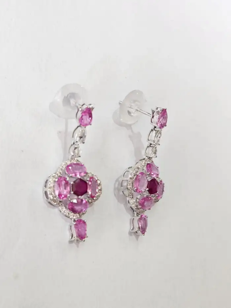 Ceylon Pink Sapphire & Ruby Gemstone Earrings - 18k White Gold & Rose Cut Diamond Dangle Earrings