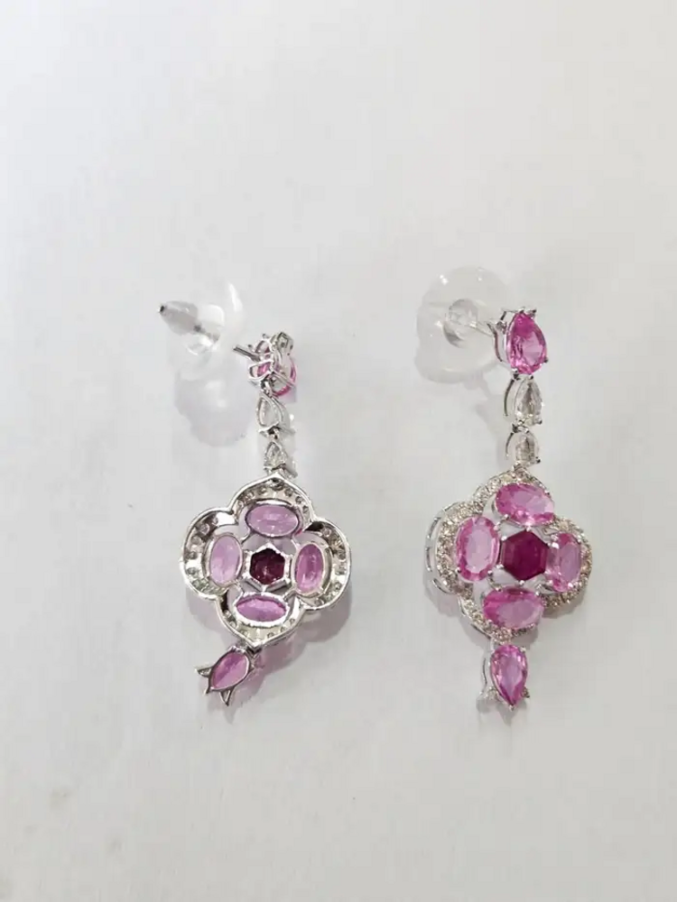Ceylon Pink Sapphire & Ruby Gemstone Earrings - 18k White Gold & Rose Cut Diamond Dangle Earrings