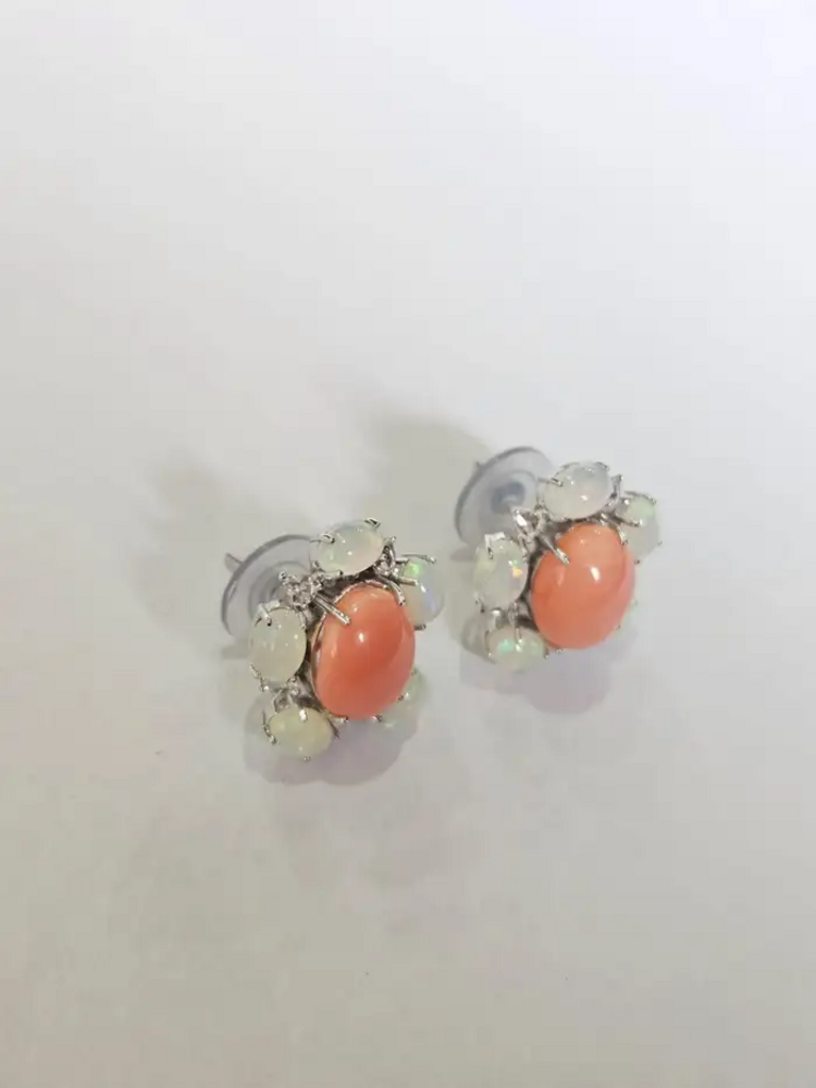 18k White Gold Rose Cut Diamond Stud Earrings - Natural Ethiopian Opal & Coral Earrings