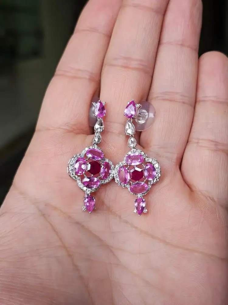 Ceylon Pink Sapphire & Ruby Gemstone Earrings - 18k White Gold & Rose Cut Diamond Dangle Earrings