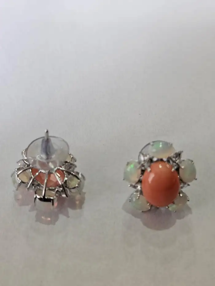 18k White Gold Rose Cut Diamond Stud Earrings - Natural Ethiopian Opal & Coral Earrings