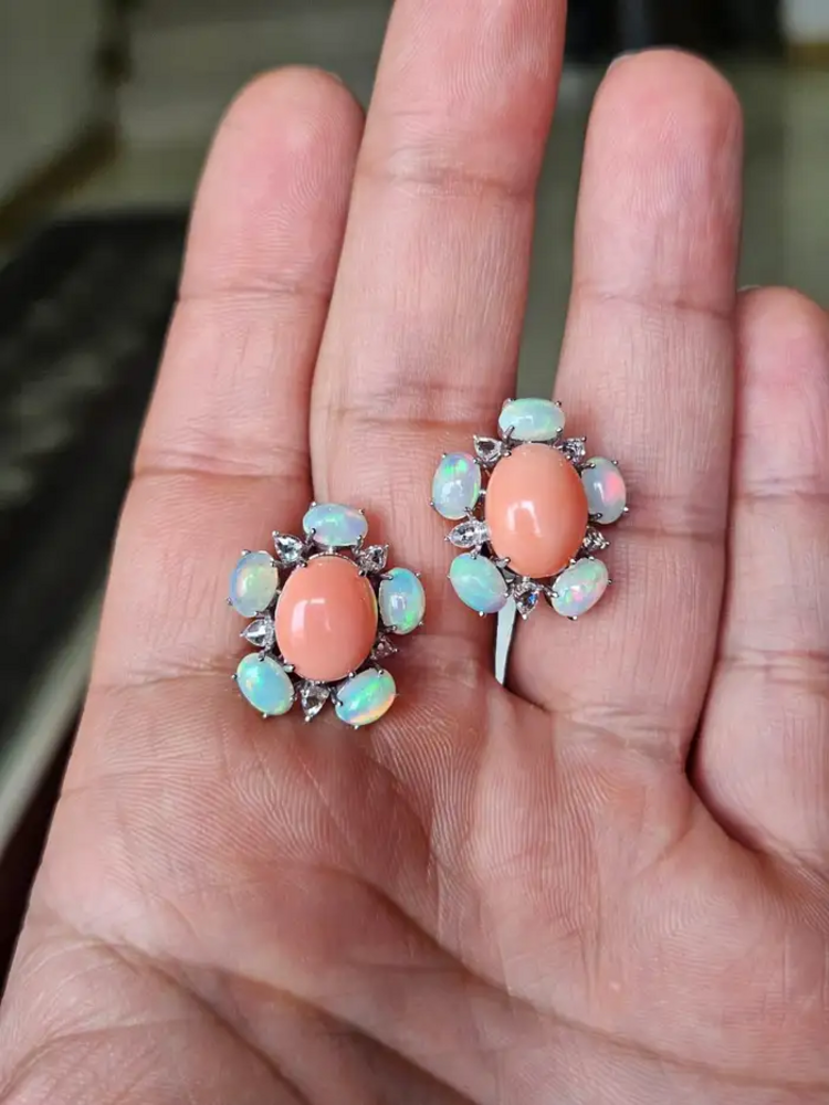 18k White Gold Rose Cut Diamond Stud Earrings - Natural Ethiopian Opal & Coral Earrings