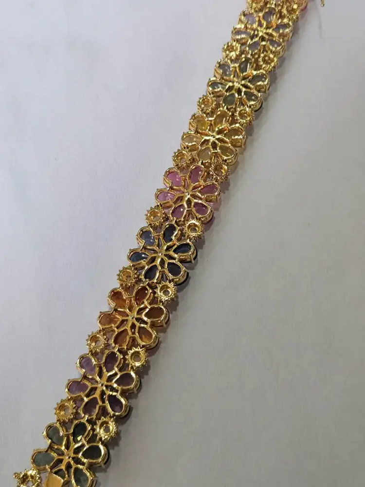 18k Yellow Gold Floral Bracelet - Natural Multi Sapphire & Rose Cut Diamond Modern Bracelet