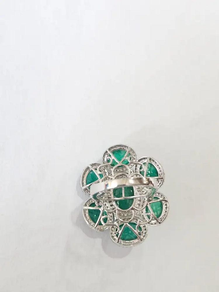 18k White Gold Diamond Statement Ring - Natural Cabochon Emerald Gemstone Ring