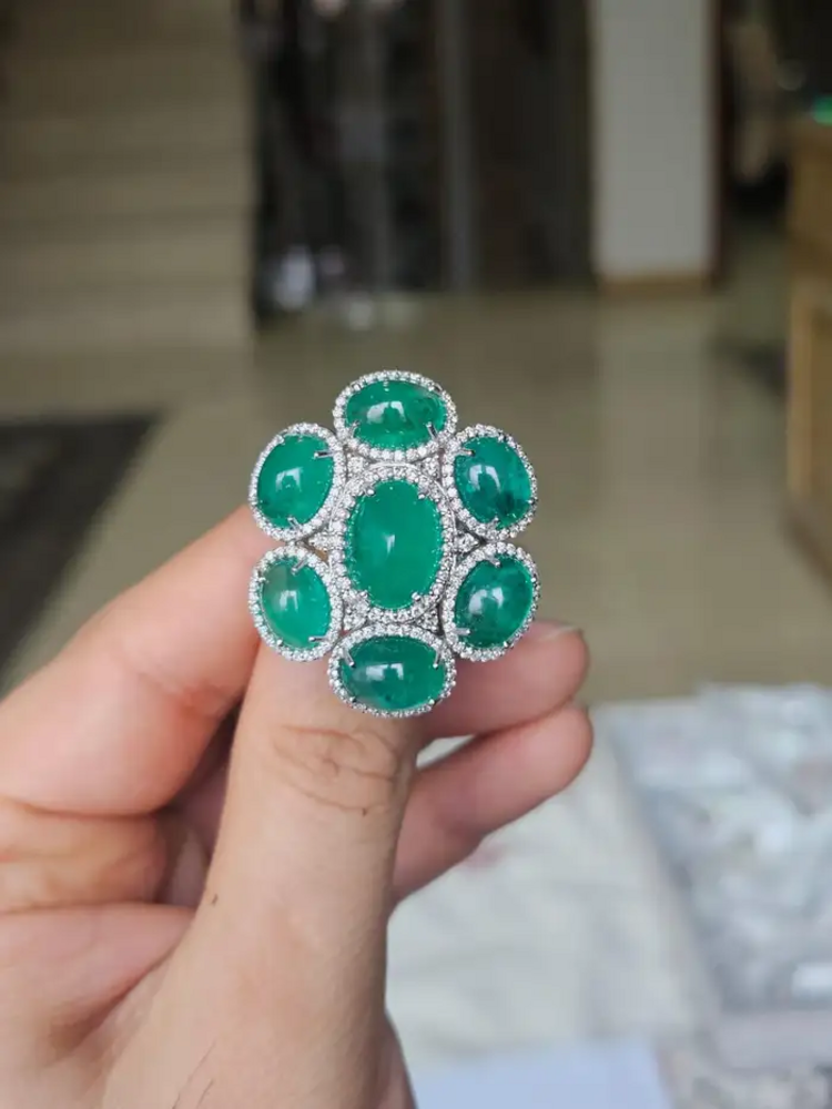18k White Gold Diamond Statement Ring - Natural Cabochon Emerald Gemstone Ring