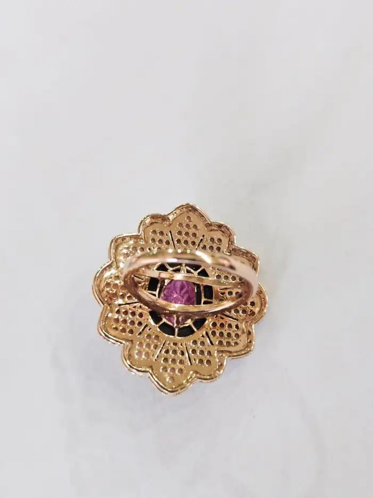 18k Yellow Gold Diamond Ring - Natural Tourmaline, Pink Opal & Black Onyx Cocktail Ring