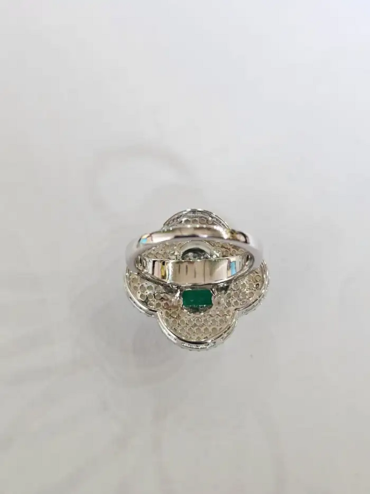Natural Zambian Emerald Gold Ring - 18k White Gold Diamond & Mother Of Pearl Wedding Ring