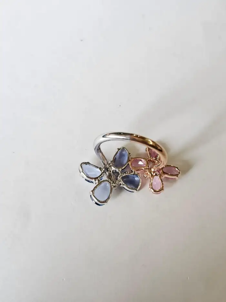 18k Gold Diamond Engagement Ring - Natural Ceylon Pink & Blue Sapphire Stackable Ring