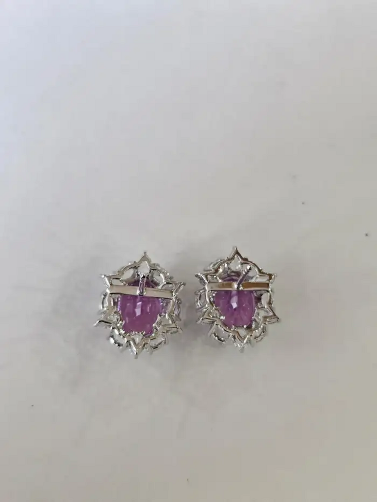 11.26 Ct. Kunzite Stud Earrings - 18k White Gold Rose Cut Diamond Earrings