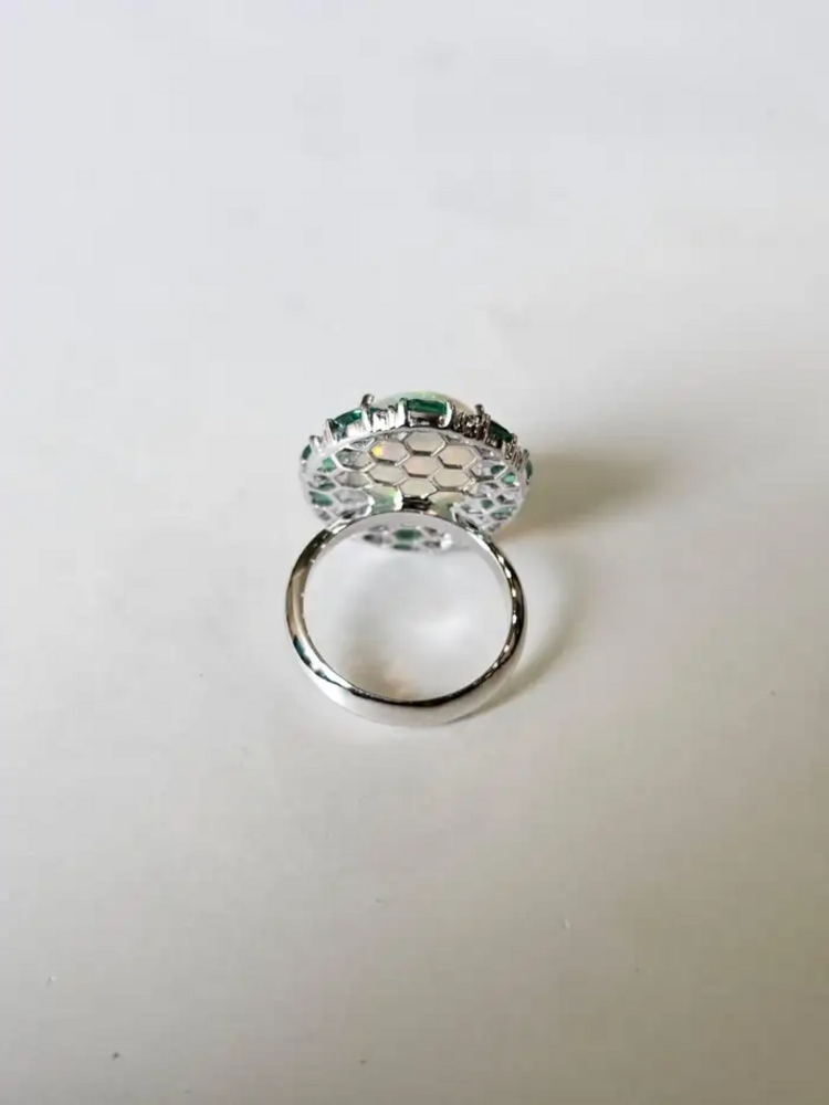 18k White Gold Diamond Ring - Natural Ethiopian Opal & Zambian Emerald Cocktail Ring