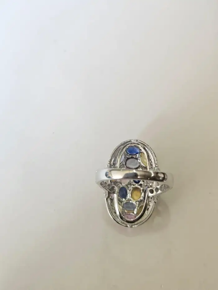 Natural Multi Sapphire & White Enamel Cocktail Ring - 18k White Gold Diamond Ring