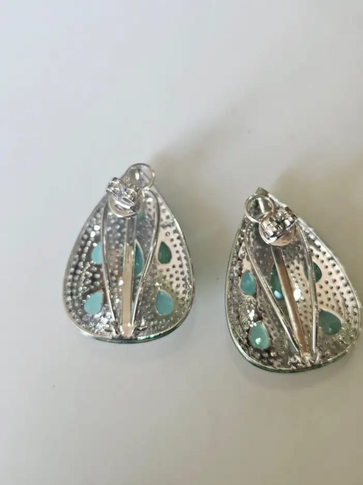 Natural Zambian Emerald & Diamond Pear Shape Earrings - 18k White Gold Earrings With Green Rhodium