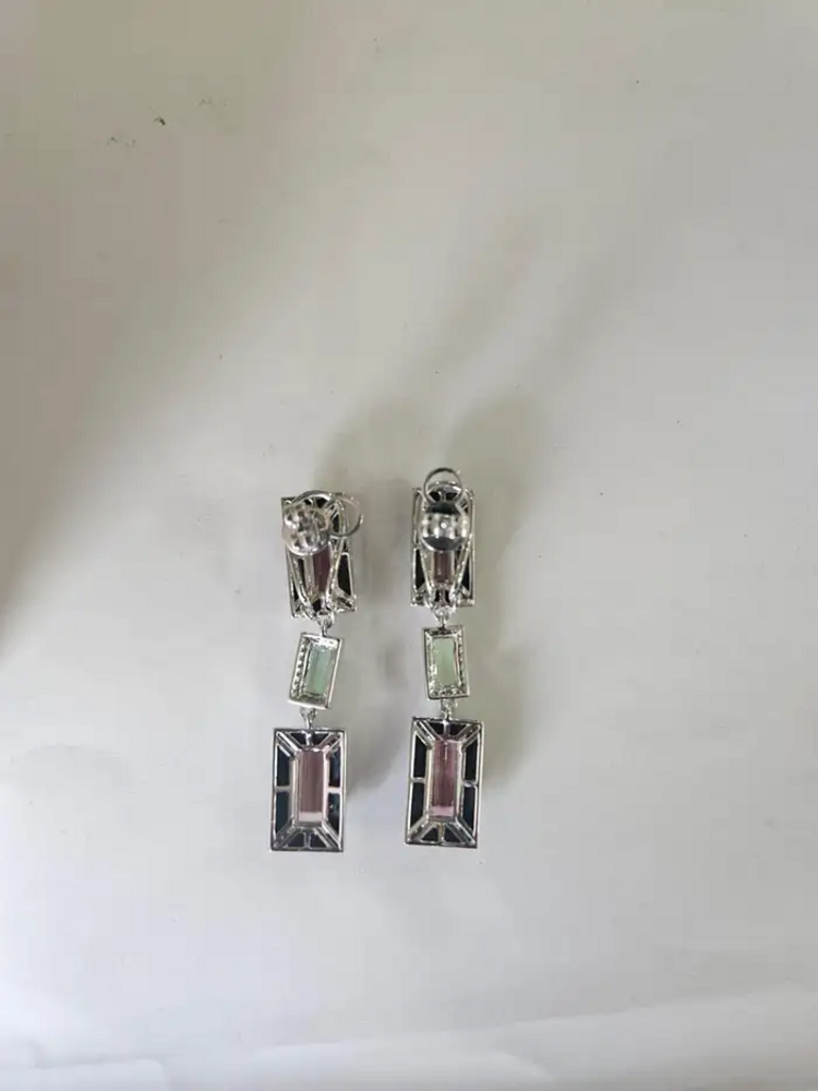 18k White Gold Diamond Dangle Earrings - Natural Tourmaline & Black Onyx Dangle Earrings