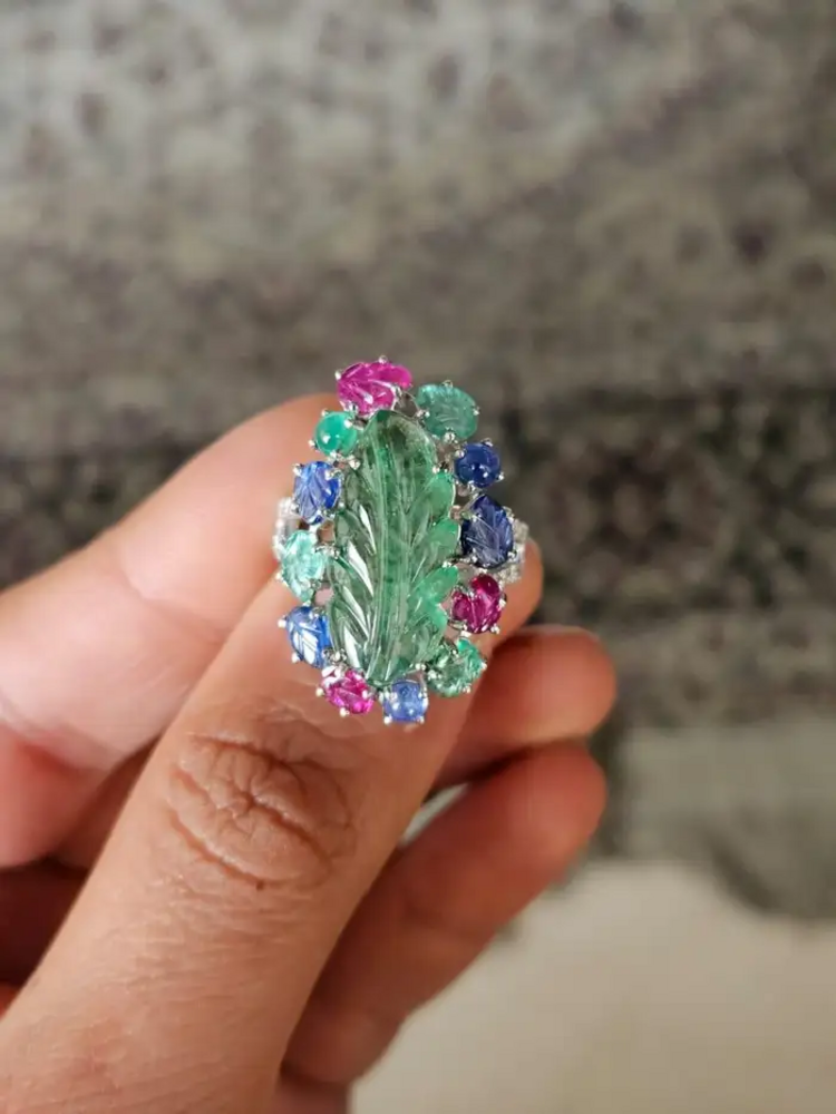 18k White Gold Handmade Cocktail Ring - Natural Emerald, Blue Sapphires, Ruby & Diamonds Cocktail Ring