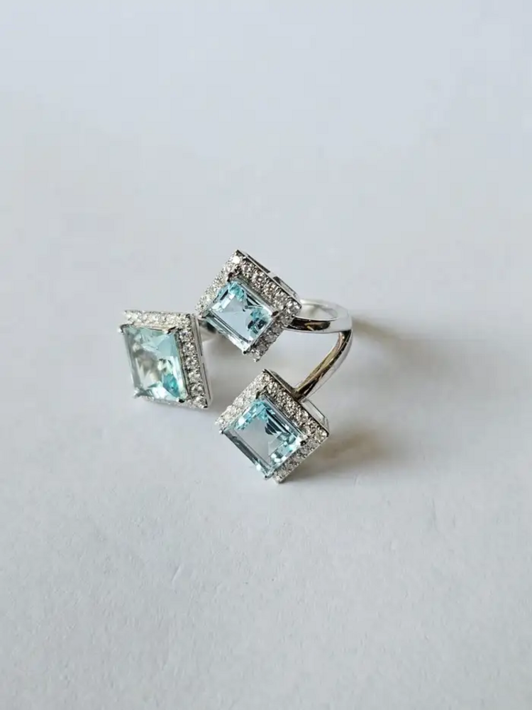 3.80 Ct. Aquamarine Gemstone Three Stone Cocktail Ring - 18k White Gold Diamond Ring