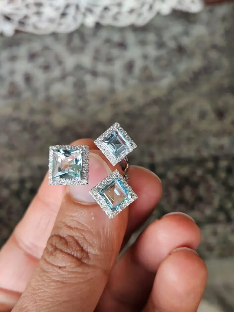 3.80 Ct. Aquamarine Gemstone Three Stone Cocktail Ring - 18k White Gold Diamond Ring