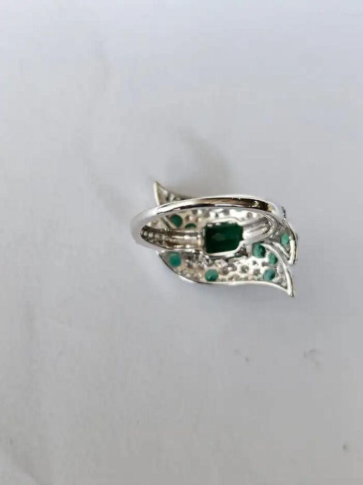 18k White Gold 1.17 Ct. Diamond Engagement Ring Natural Zambian Emerald Gemstone Women Jewelry