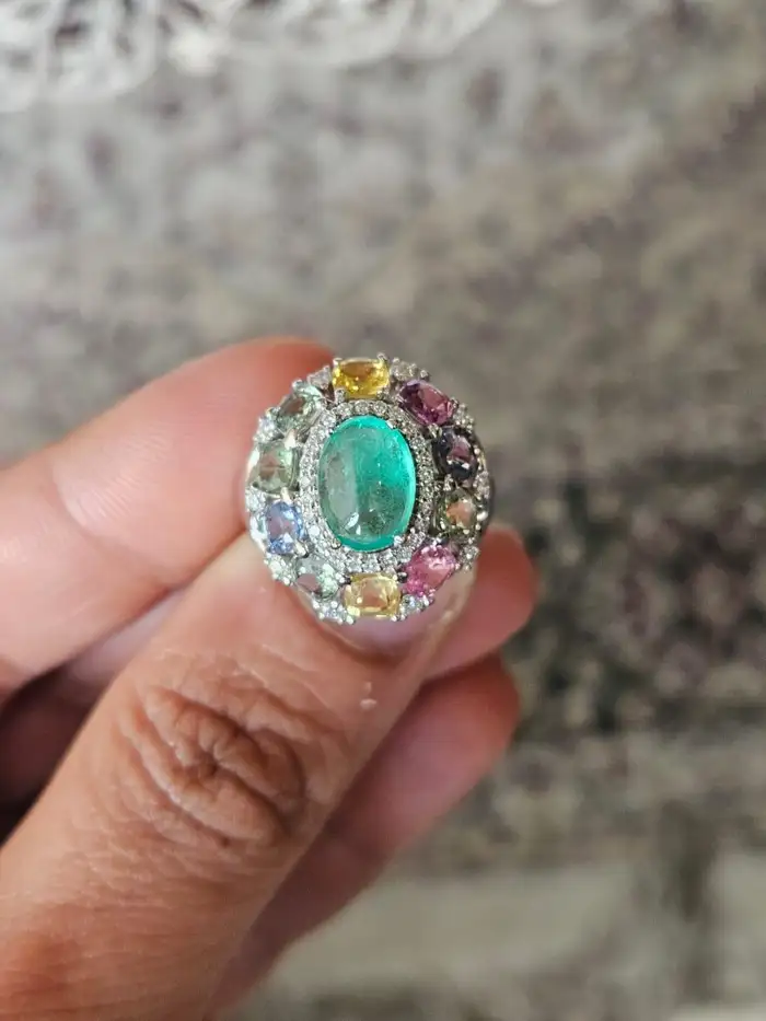 18k White Gold Handmade Diamond Ring - Natural Multi Sapphire, Colombian Emerald Dome Ring