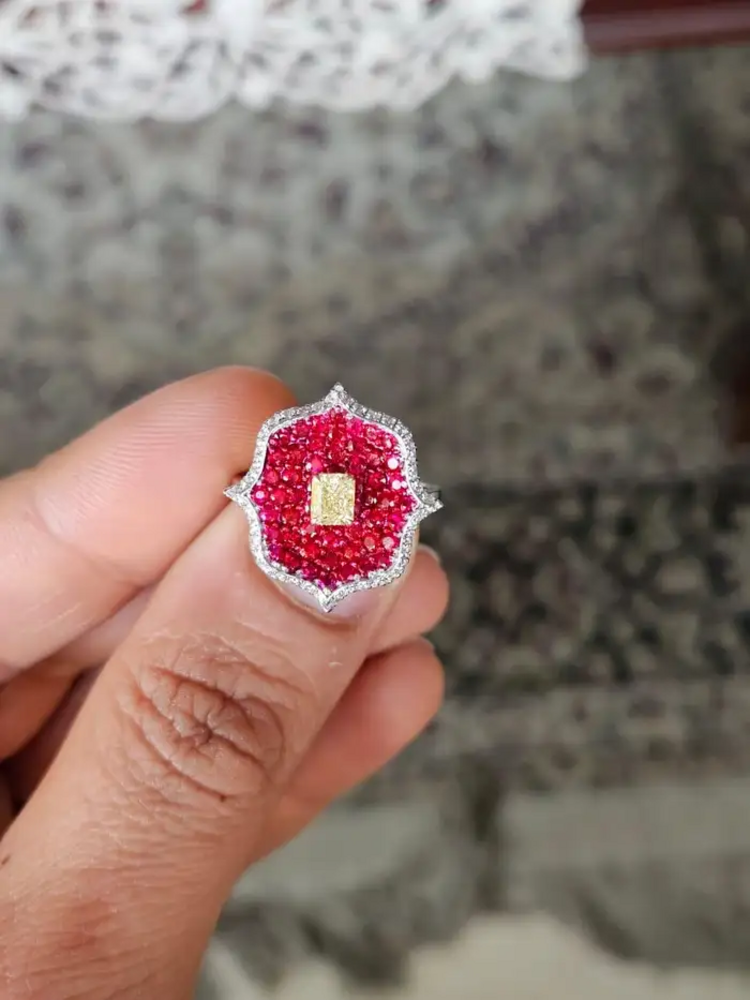 Natural Ruby & Yellow Diamond Ring - 18k White Gold Diamond Stackable Wedding Ring
