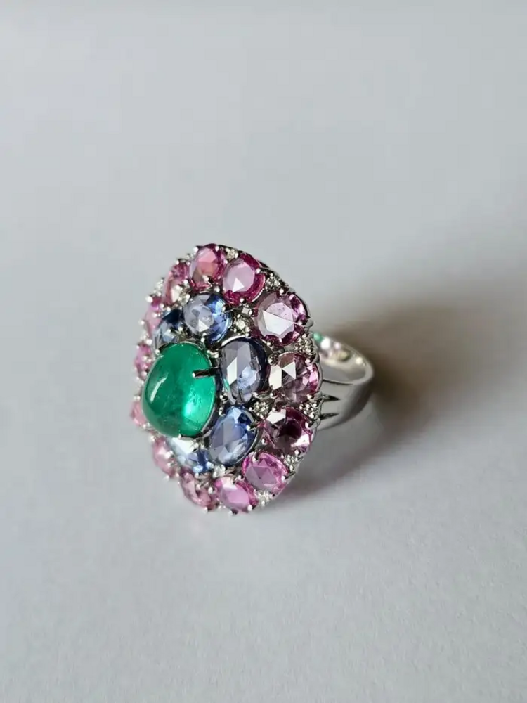 Colombian Emerald & Diamond Cocktail Ring - 18k White Gold Pink & Blue Sapphire Statement Ring