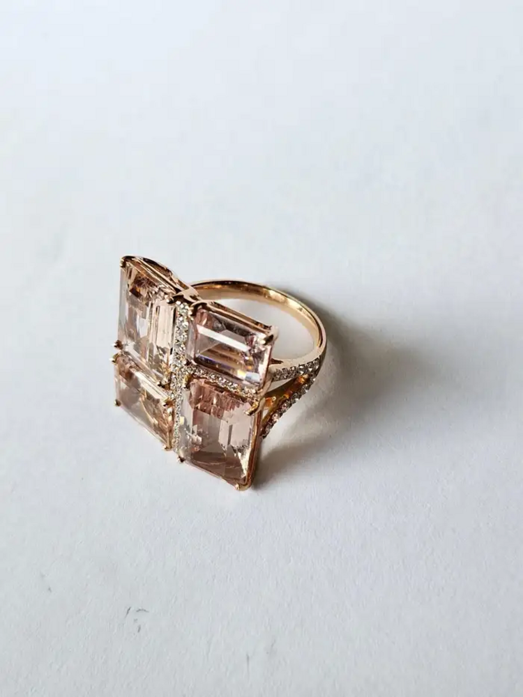 Natural Morganite Gemstone Cocktail Ring - 18k Rose Gold Diamond Ring