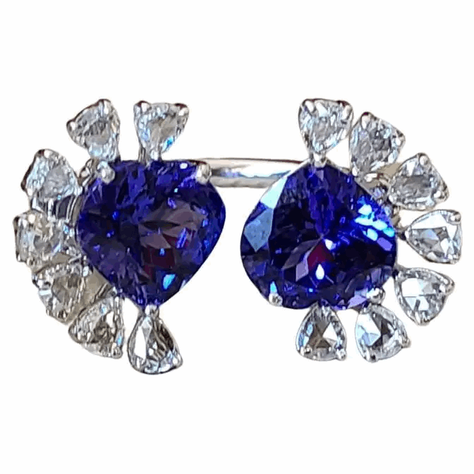 Tanzanite Set in 18K White Gold & Rose Cut Diamonds Cocktail/ Engagement Ring
