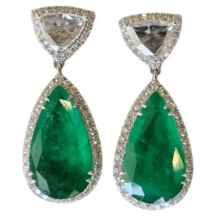 Solid 18k White Gold Handmade Dangle Earrings - Natural Zambian Emerald & Rose Cut Diamond Drop Dangle Women Earrings