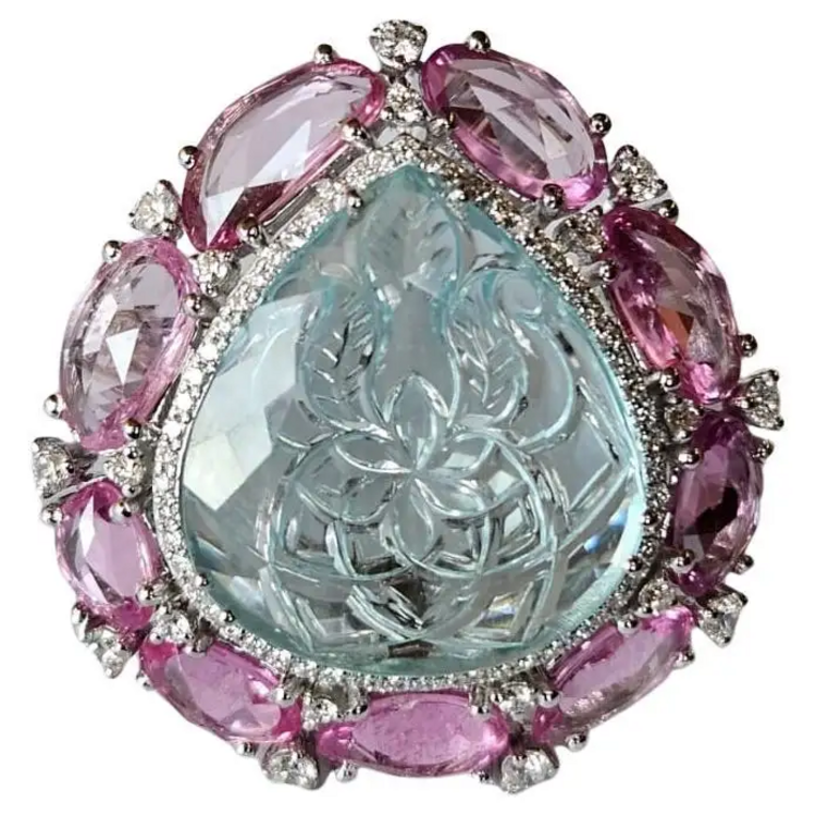 Carved Aquamarine & Pink Sapphire Gemstone Handmade Ring - Solid 18k White Gold Diamond Statement Ring
