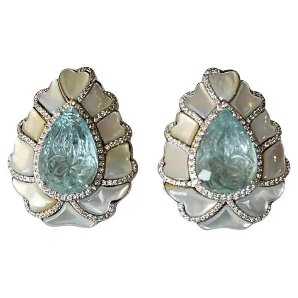 18k White Gold Handmade Diamond Stud Earrings - Pear Shape Carved Aquamarine & Pearl Stud Earrings