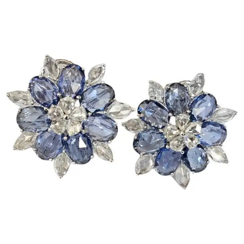18k White Gold Rose Cut Diamond Stud Earrings - Natural Blue Sapphire Gemstone Earrings
