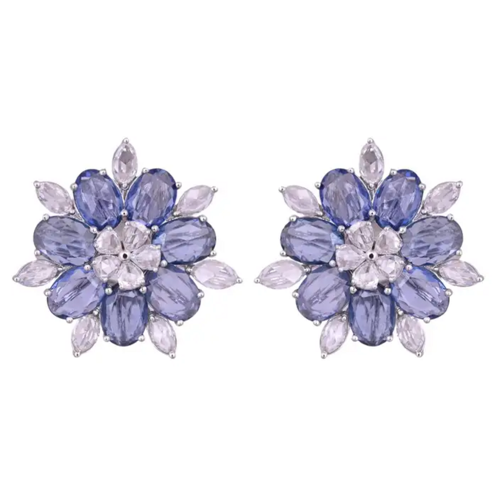 18k White Gold Rose Cut Diamond Stud Earrings - Natural Blue Sapphire Gemstone Earrings