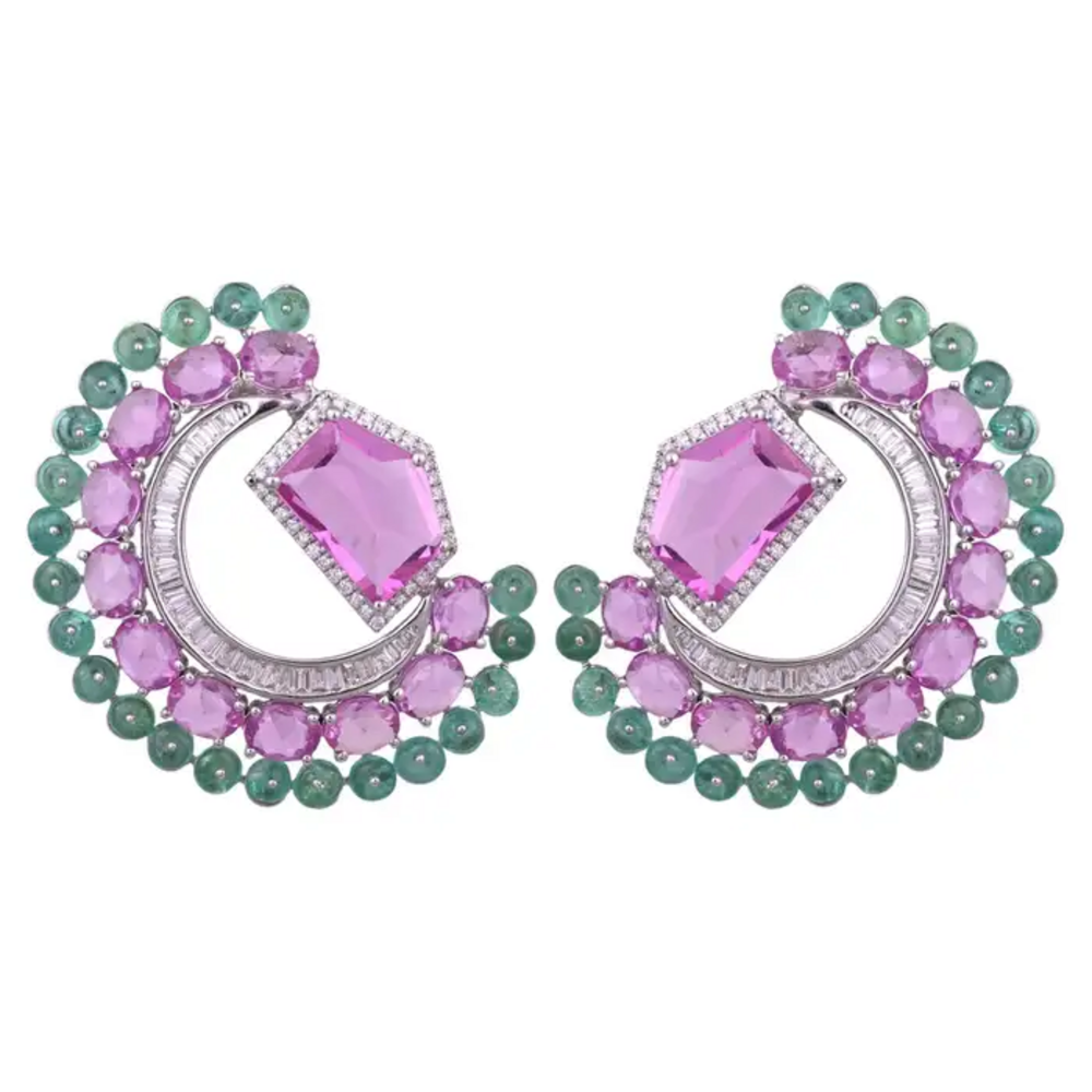 11.33 Ct. Pink Sapphire & Emerald Gemstone Stud Earrings - 18k White Gold Diamond Earrings