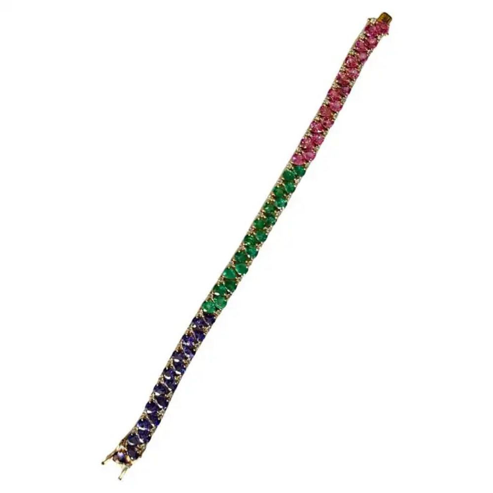 Natural Emerald, Tanzanite & Pink Sapphire Bracelet - 18k Yellow Gold Diamond Tennis Bracelet