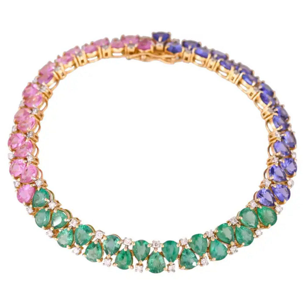 Natural Emerald, Tanzanite & Pink Sapphire Bracelet - 18k Yellow Gold Diamond Tennis Bracelet