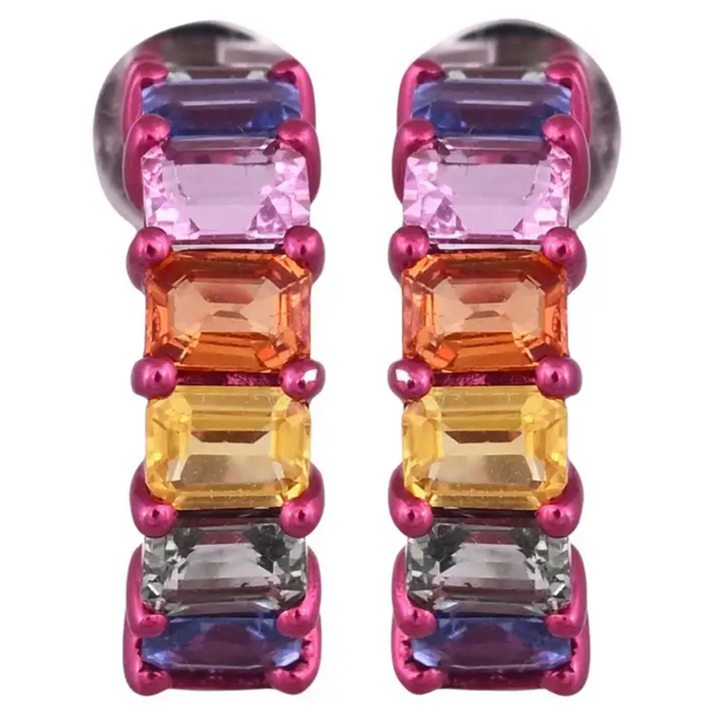 18k White Gold Half Hoop Earrings - Natural Ceylon Multi Sapphire Tiny Earrings