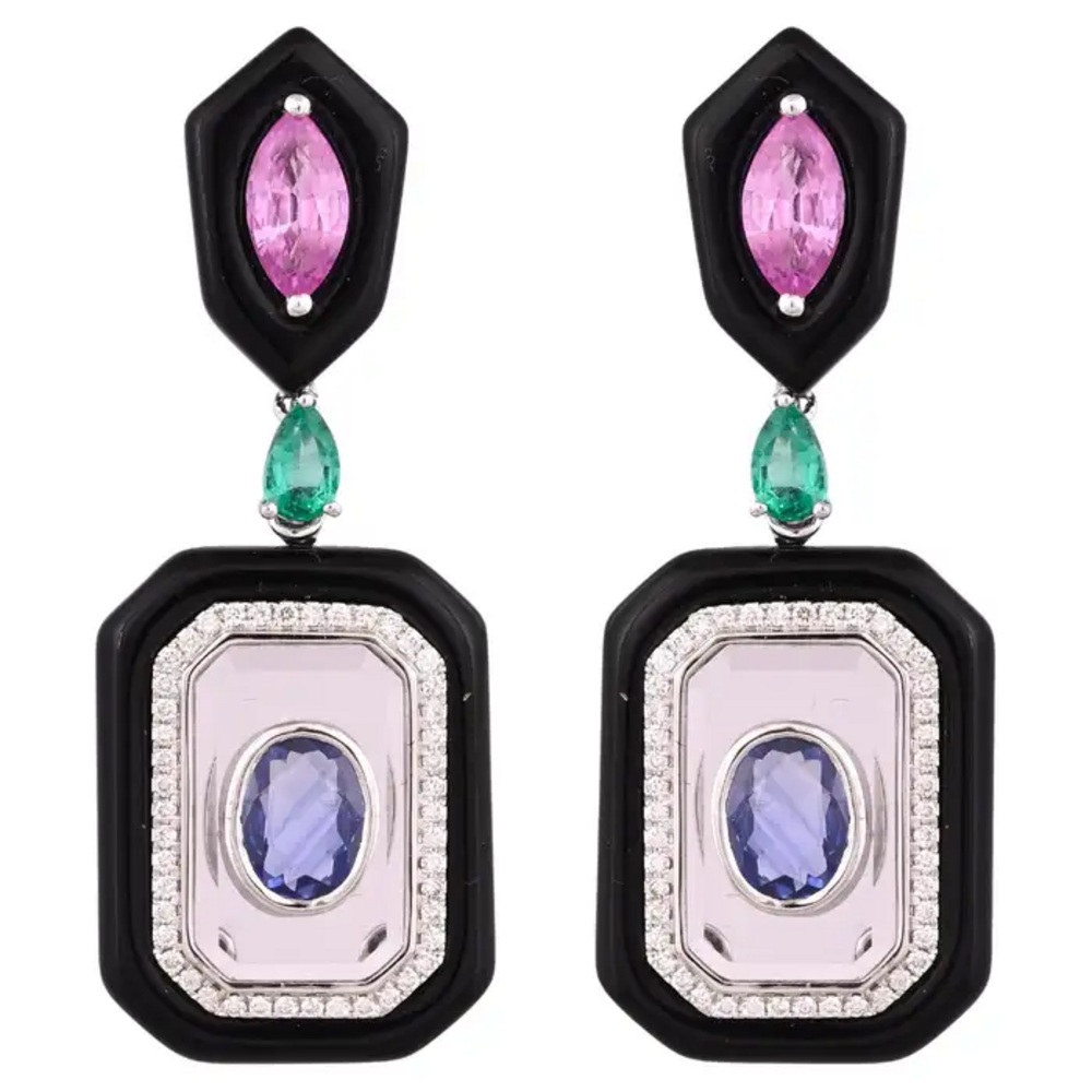 18k White Gold Diamond Dangle Earrings - Natural Emerald, Sapphire, Black Onyx & Crystal Earrings