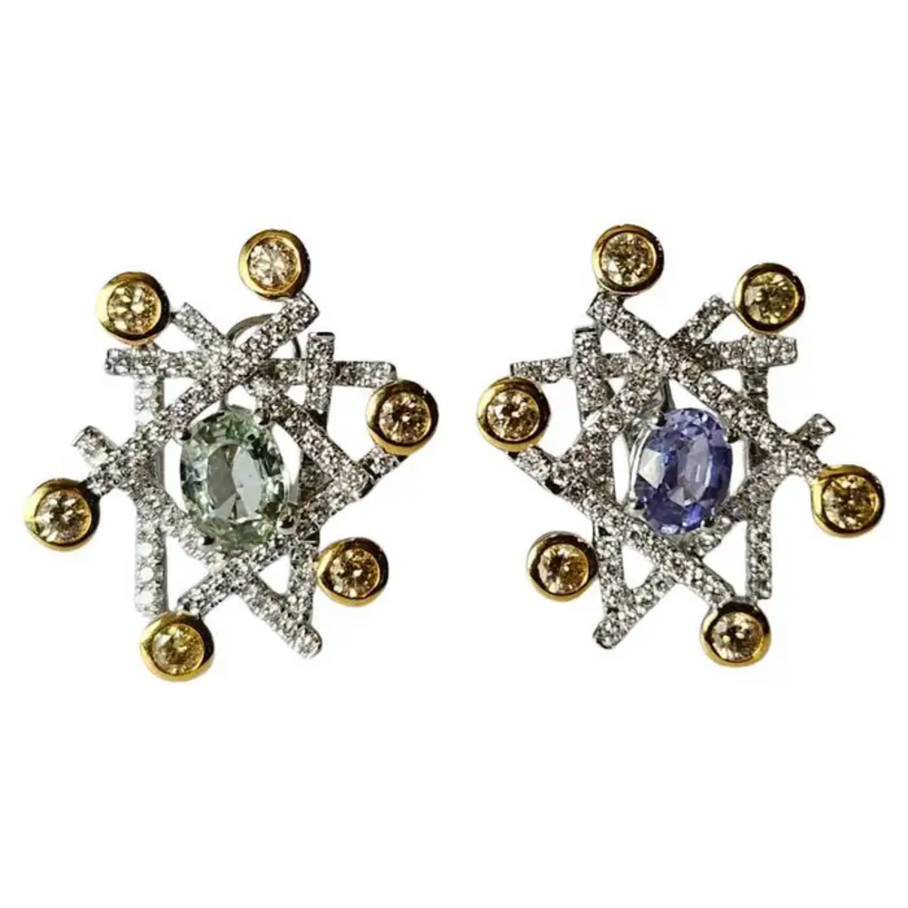 18k White Gold Handmade Stud Earrings With Yellow Diamonds - Natural Blue & Green Sapphire Stud Earrings