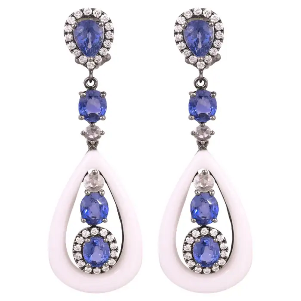 18k White Gold Diamond Dangle Earrings - Natural Blue Sapphire & Onyx Earrings