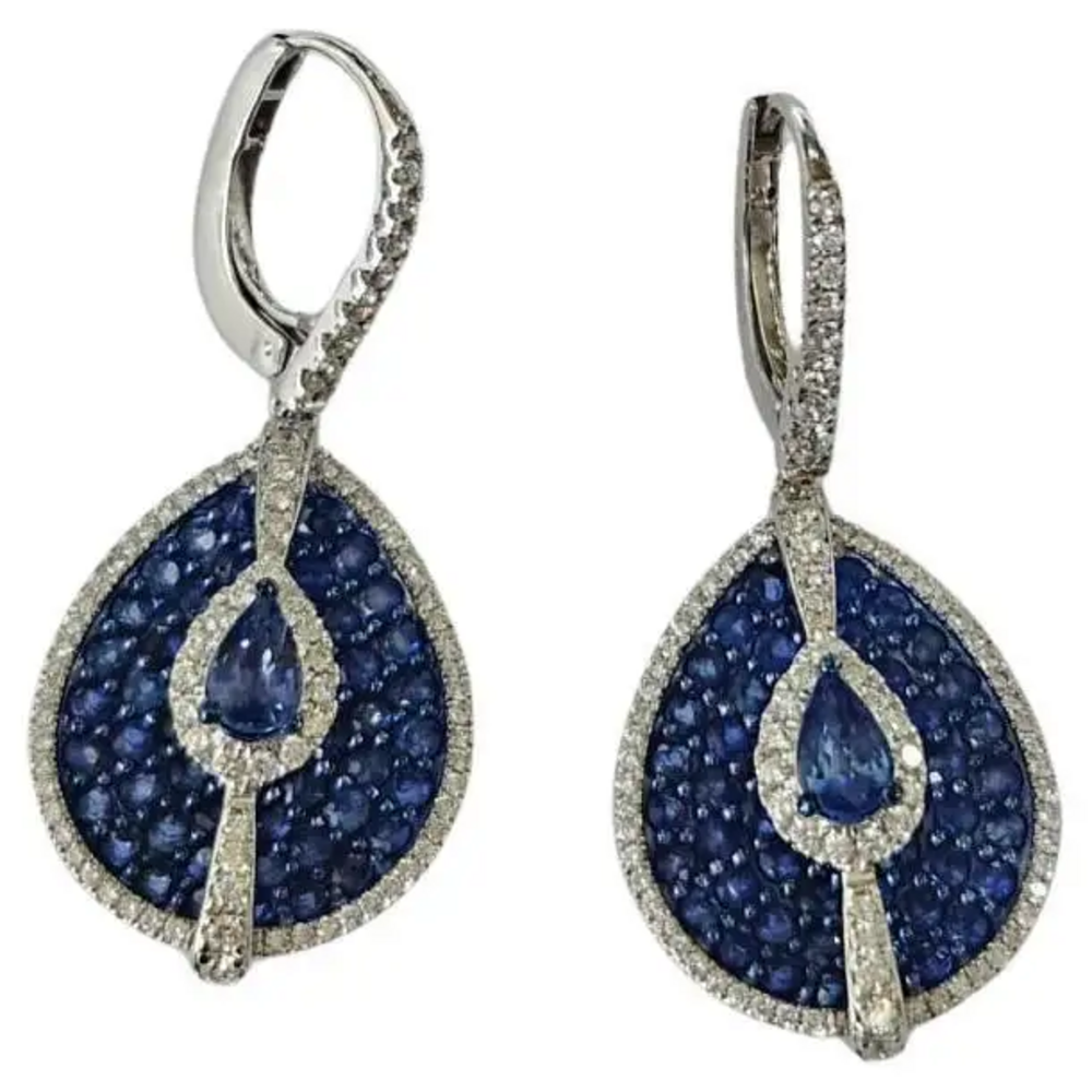 Natural Blue Sapphire & Diamond Earrings - 18k White Gold Handmade Dangle Earrings
