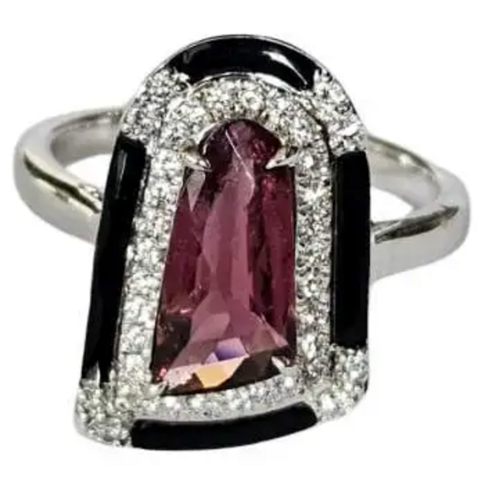 Natural Tourmaline & Black Enamel Ring - 18k White Gold Diamond Cocktail Ring
