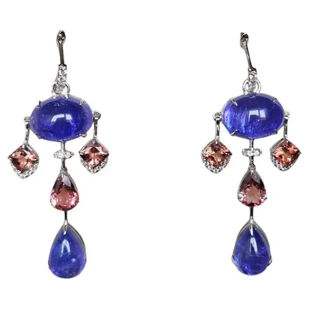18k White Gold Diamond Earrings - Natural Tanzanite & Tourmaline Gemstone Dangle Earrings