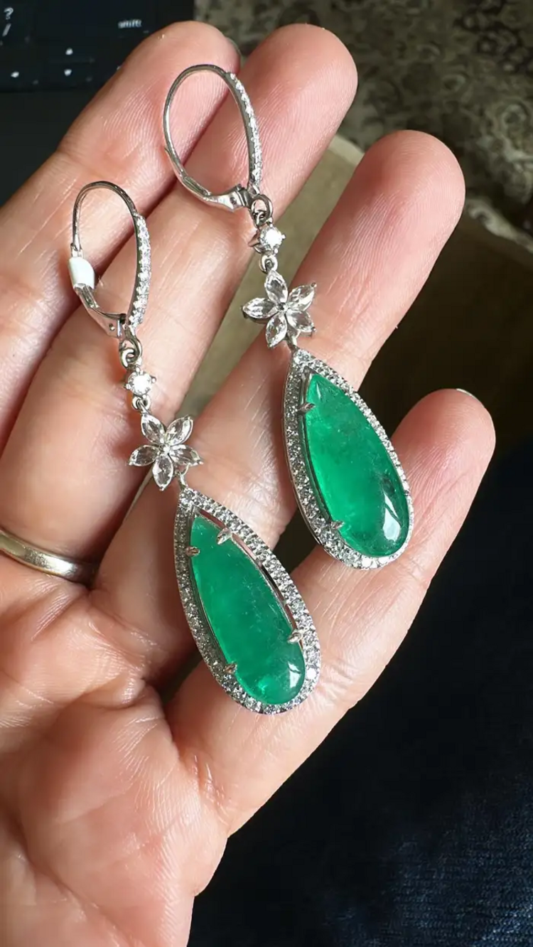 12.57 carats, Zambian Emeralds & Rose Cut Diamonds Chandelier Earrings