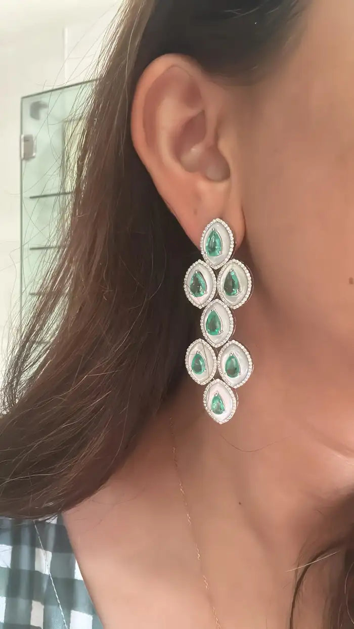 18k White Gold Handmade Chandelier Earring - Natural Colombian Emerald & Mother of Pearl Earrings